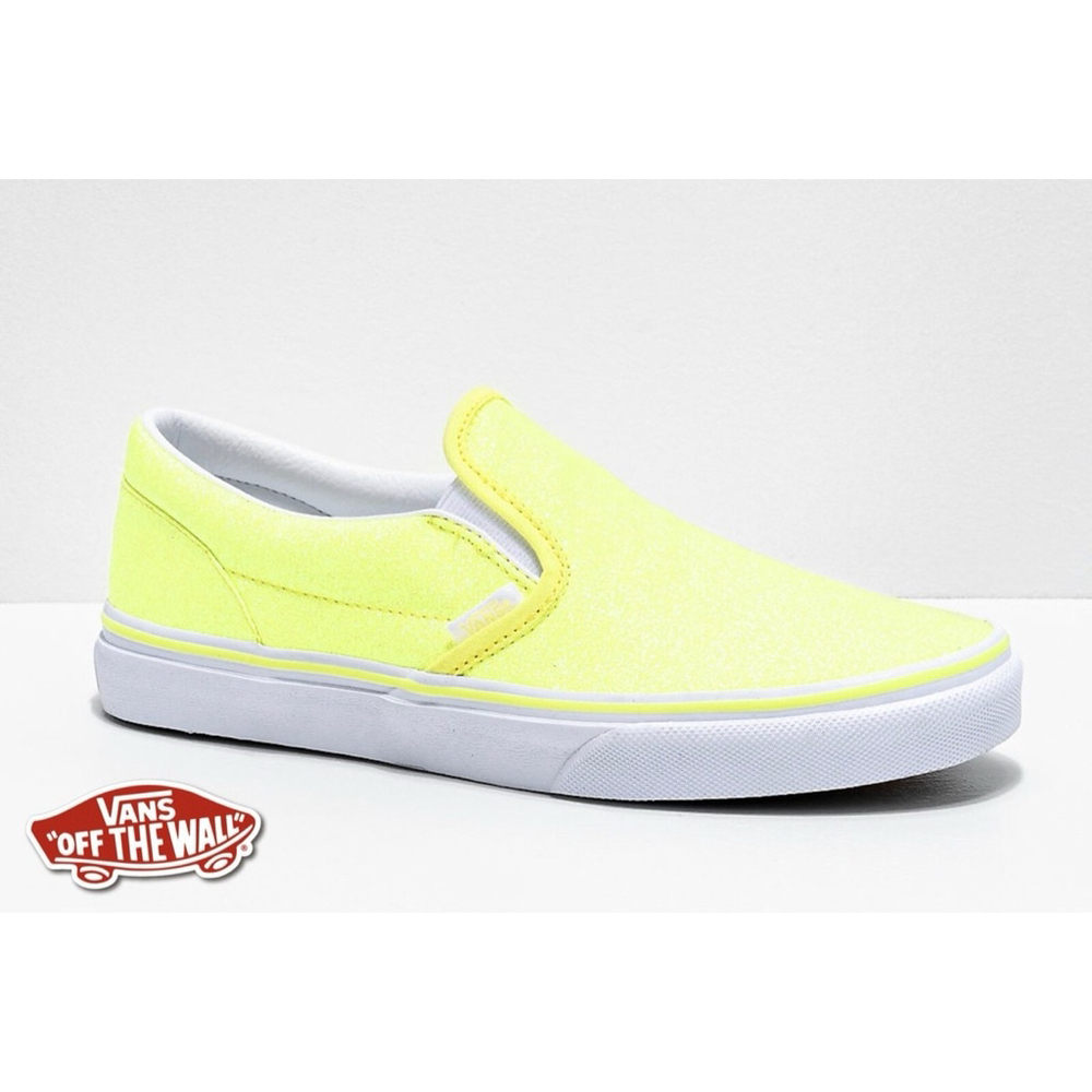 NWT unisex VANS Glitter Neon Slip on Yellow True White Classic mens kidsSize 5.5